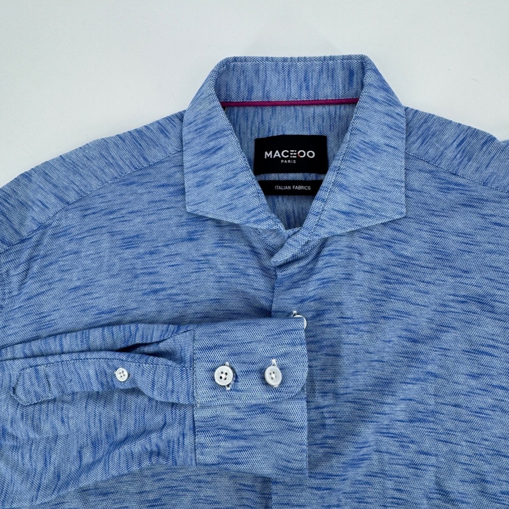 Maceoo Wall Street Blue Jersey Shirt Mens Medium Italian Fabric Long Sleeve A-01